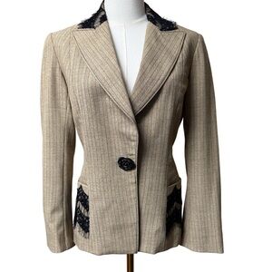 {Yoana Baraschi x Anthropologie} Pinstripe Lace Trim Fitted Blazer Suit Coat